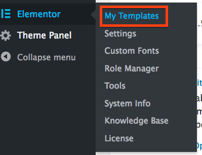 elementor templates from menu